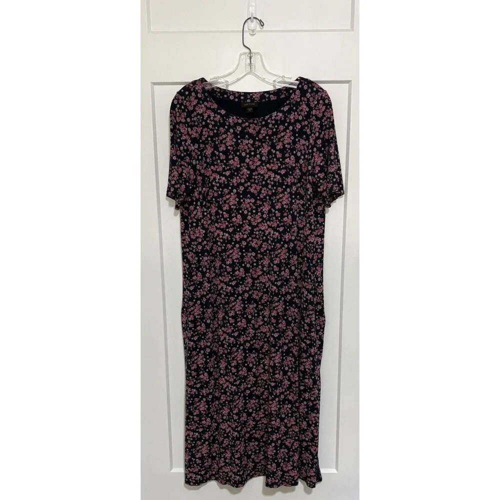 J. Jill Wearever size Medium Petite Short Sleeve Knit Dress Navy Pink Floral